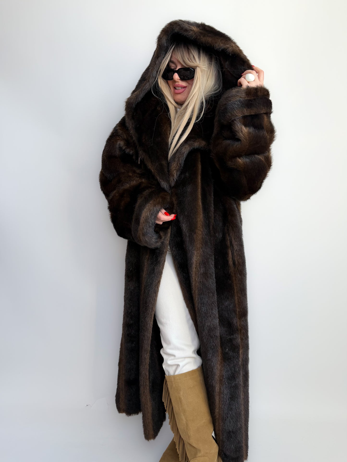 Vintage Long Chocolate Brown Faux Fur Coat with Hood XL-3X
