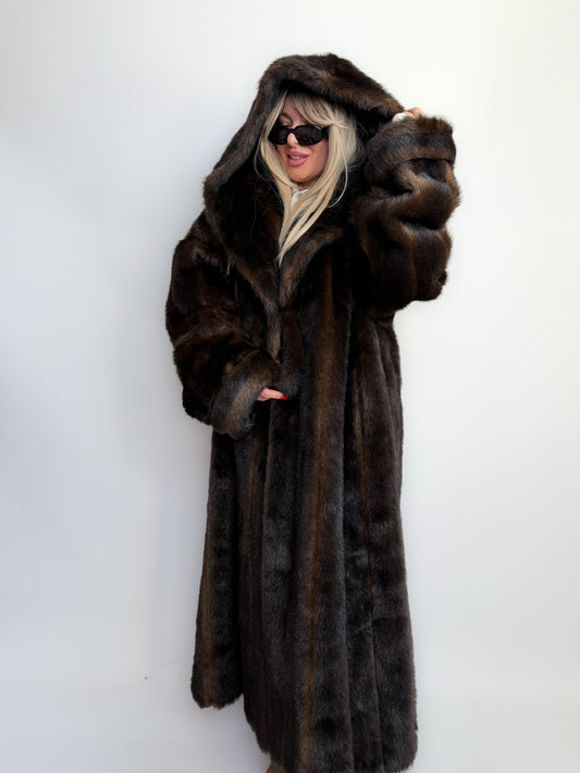 Vintage Long Chocolate Brown Faux Fur Coat with Hood XL-3X