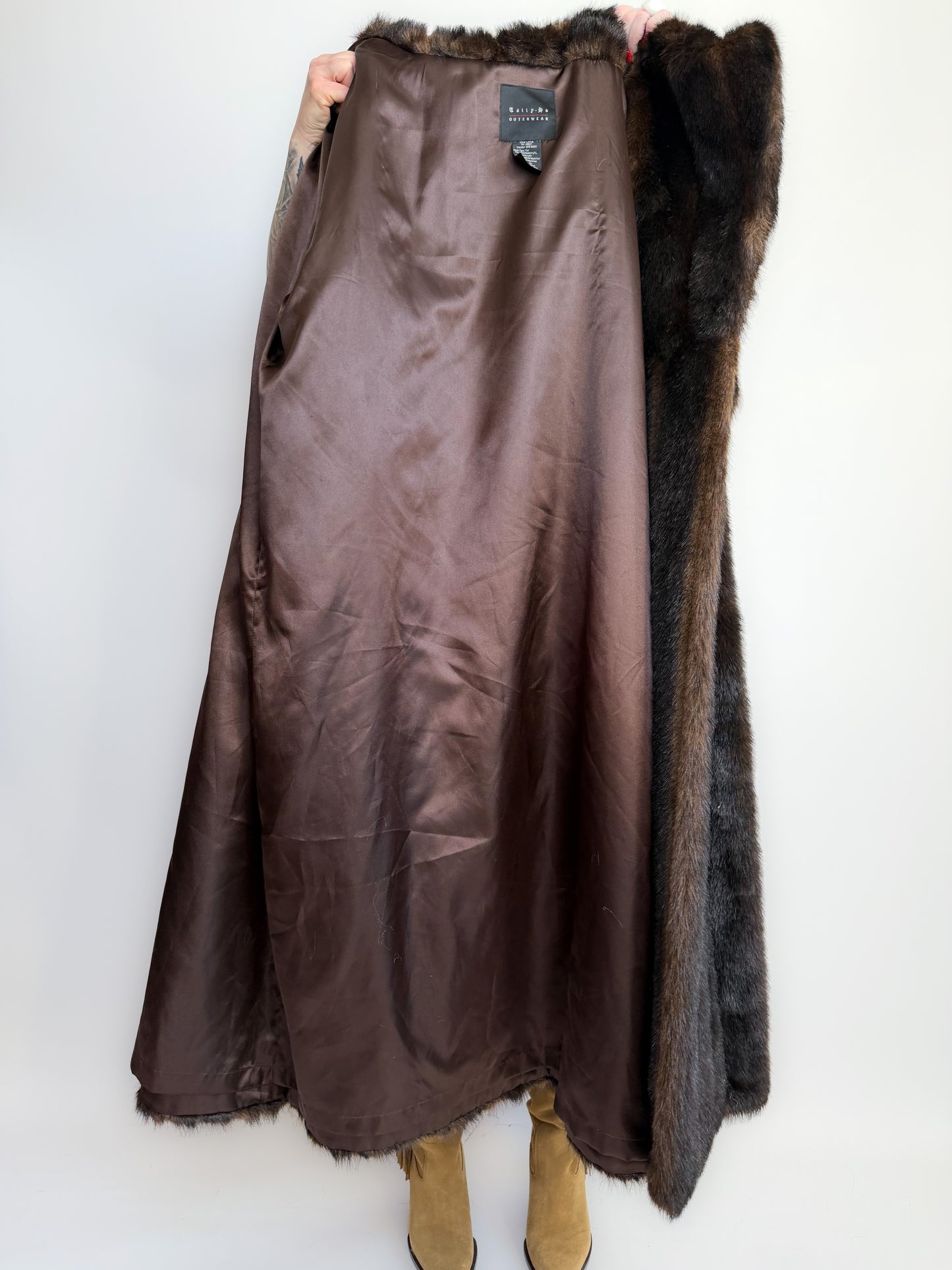 Vintage Long Chocolate Brown Faux Fur Coat with Hood XL-3X