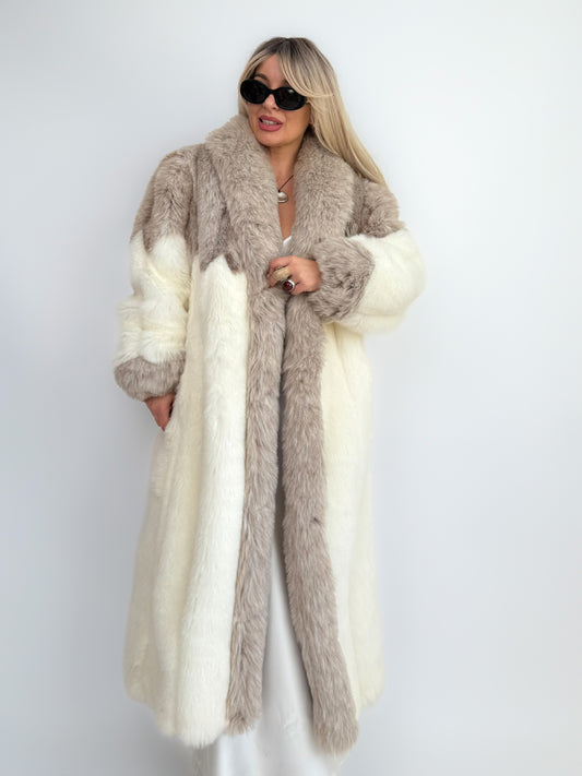 Vintage Ivory White Taupe Faux Fur Long Coat – Long Winter Bridal Glam Statement Jacket - S