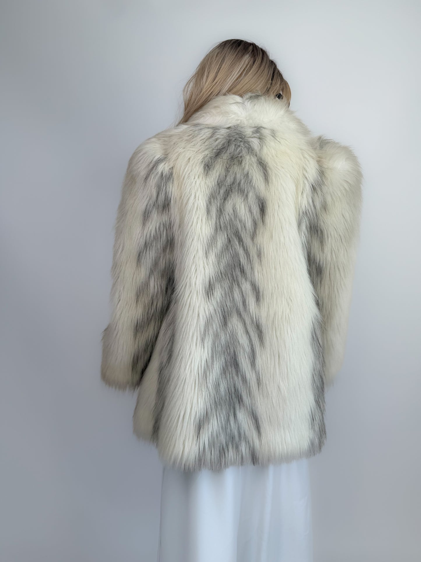 Vintage Ivory Gray Faux Fur Bridal Winter Coat – S