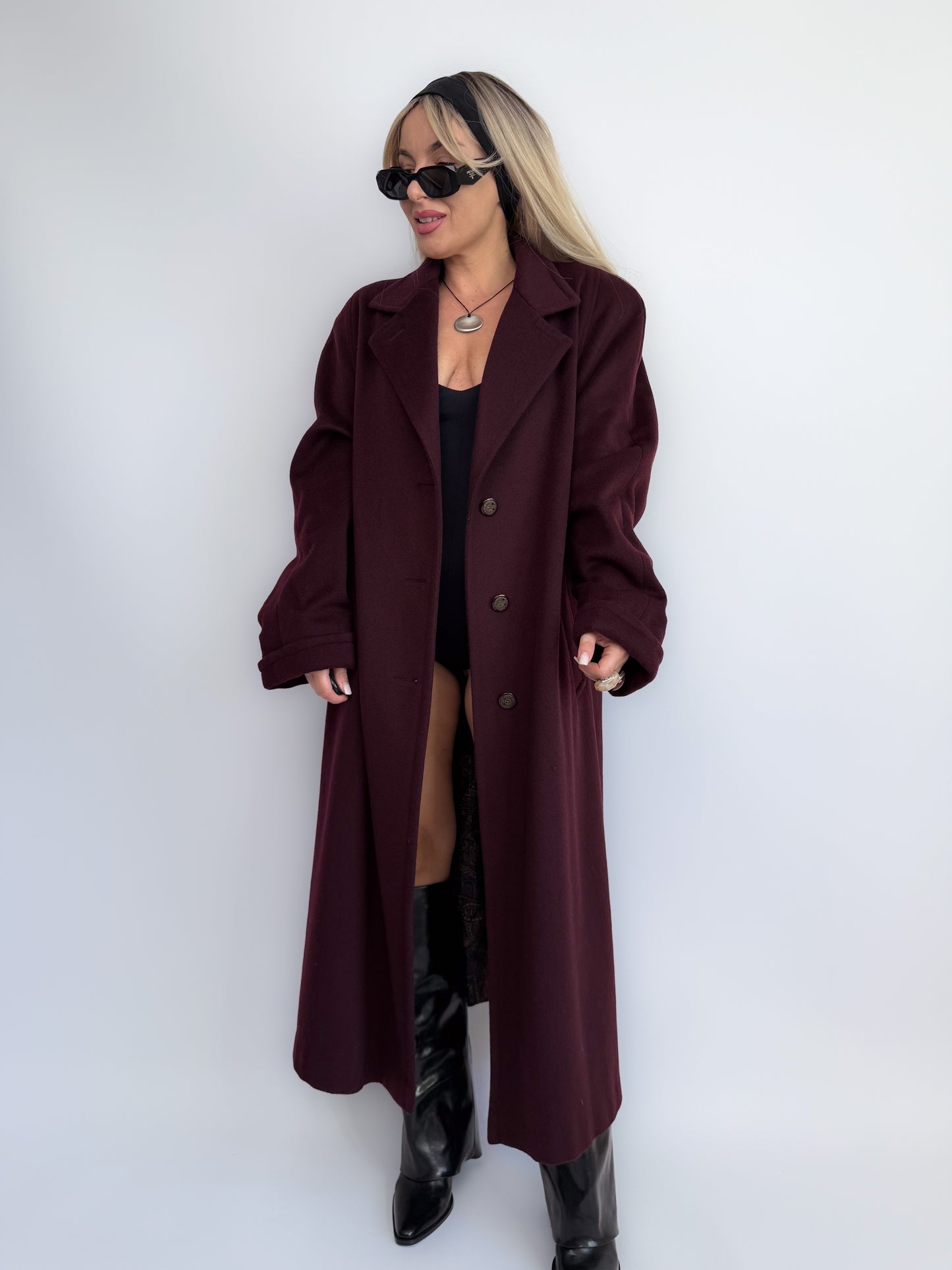 Vintage Plum Burgundy Wool Blend Maxi Coat Winter Trench M