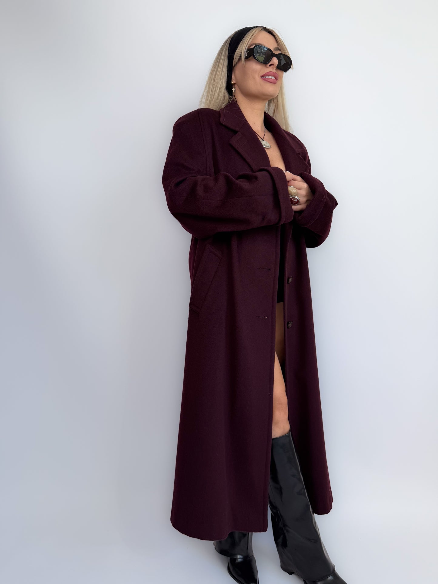 Vintage Plum Burgundy Wool Blend Maxi Coat Winter Trench M