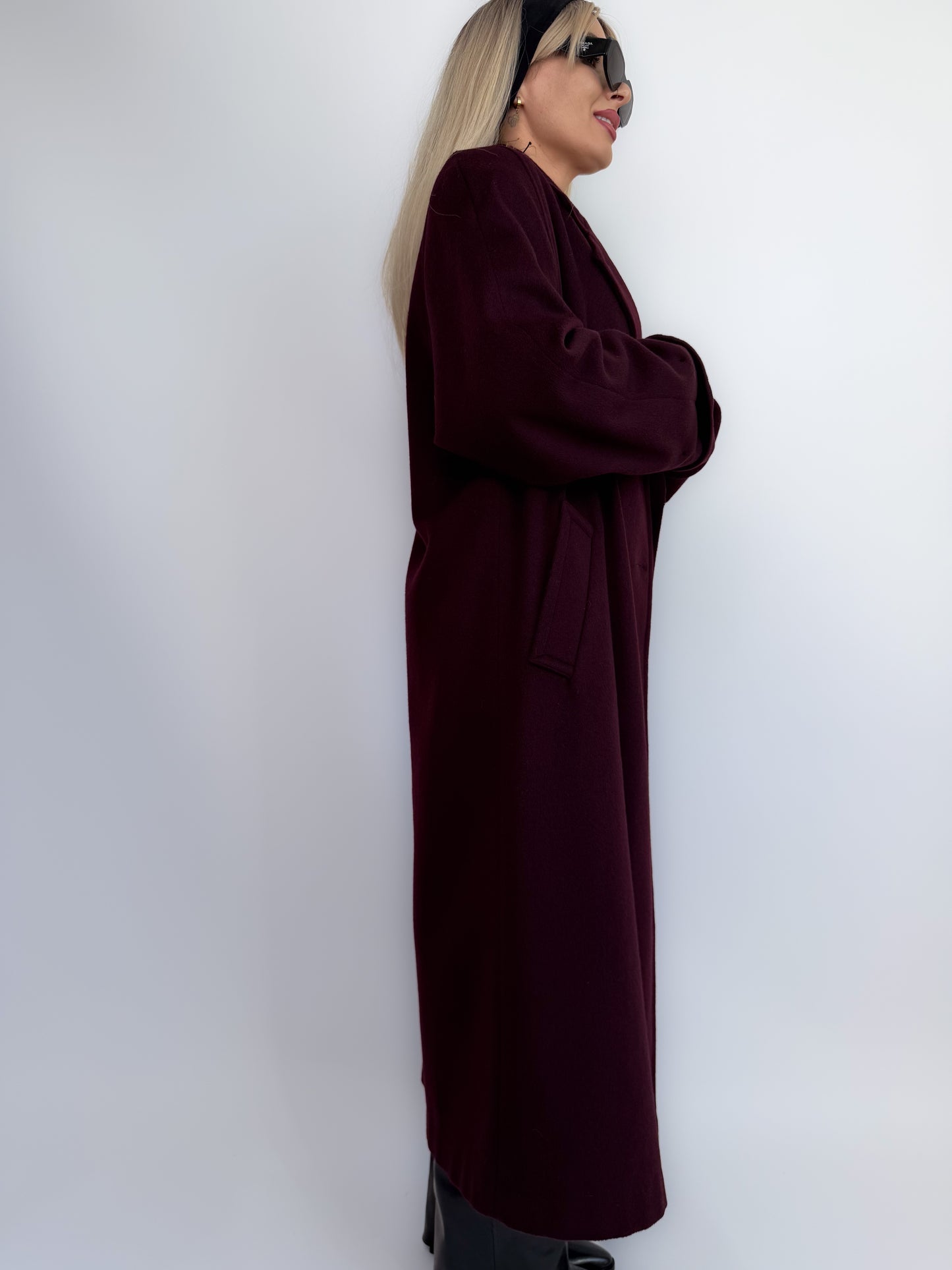Vintage Plum Burgundy Wool Blend Maxi Coat Winter Trench M