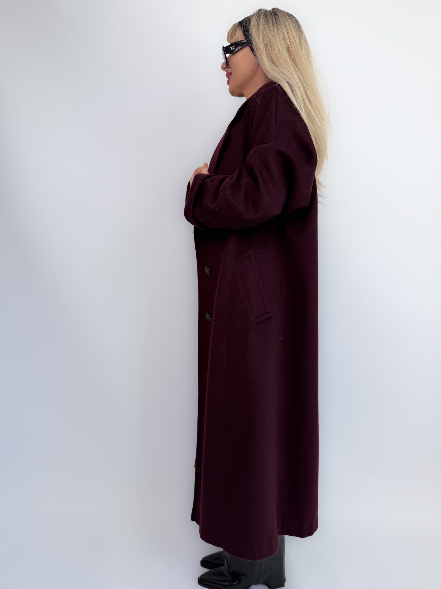 Vintage Plum Burgundy Wool Blend Maxi Coat Winter Trench M