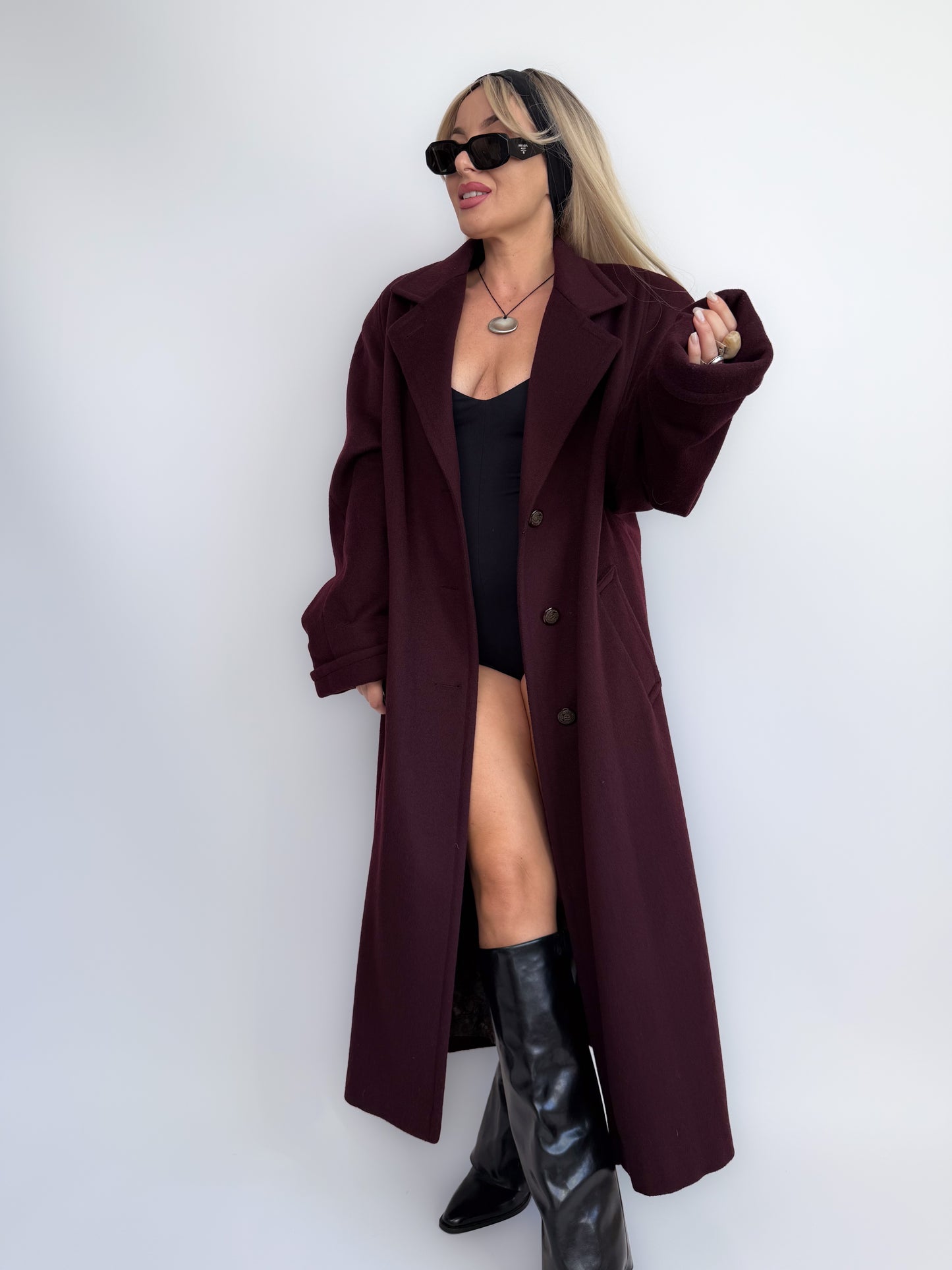 Vintage Plum Burgundy Wool Blend Maxi Coat Winter Trench M