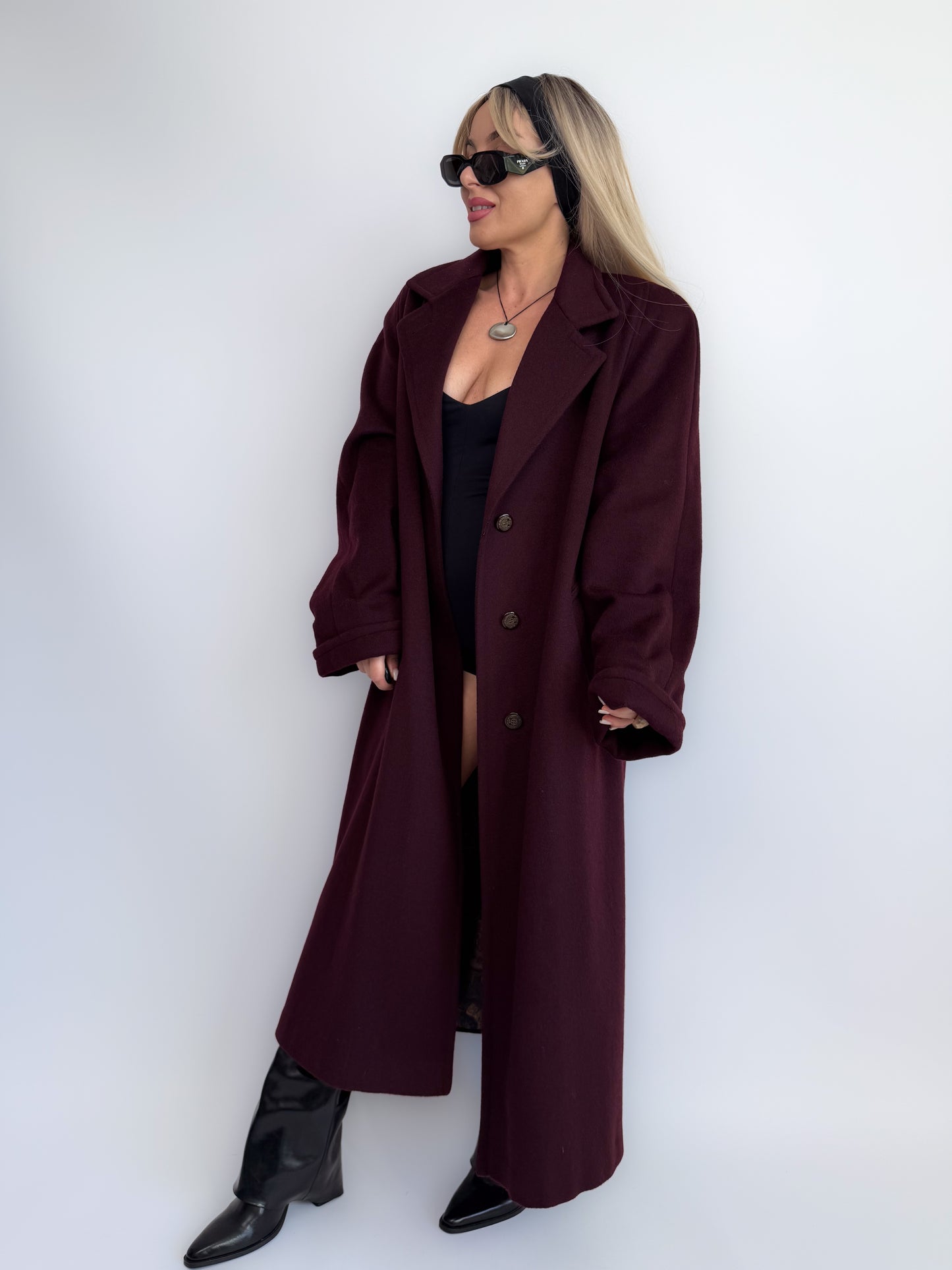 Vintage Plum Burgundy Wool Blend Maxi Coat Winter Trench M