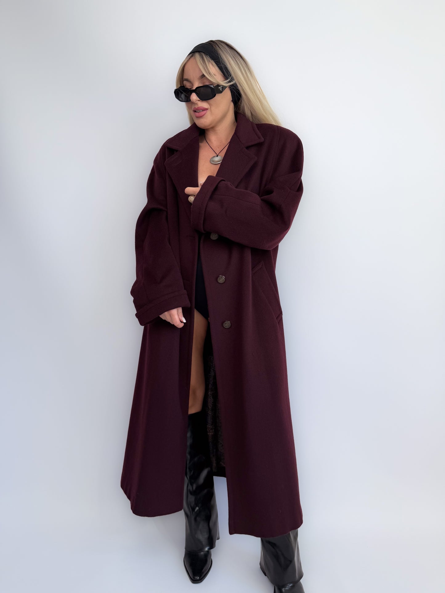 Vintage Plum Burgundy Wool Blend Maxi Coat Winter Trench M