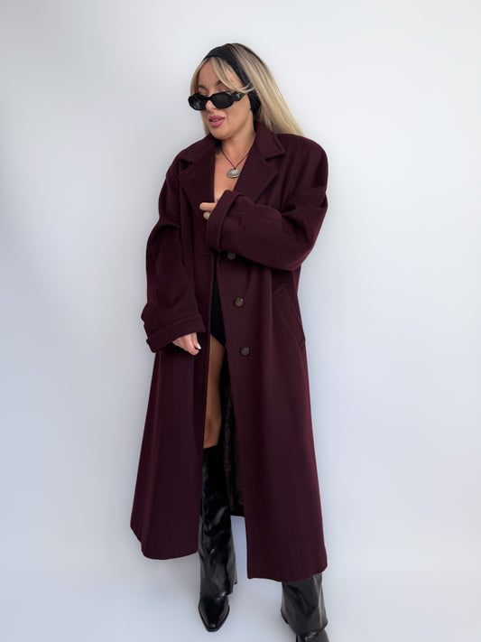 Vintage Plum Burgundy Wool Blend Maxi Coat Winter Trench M