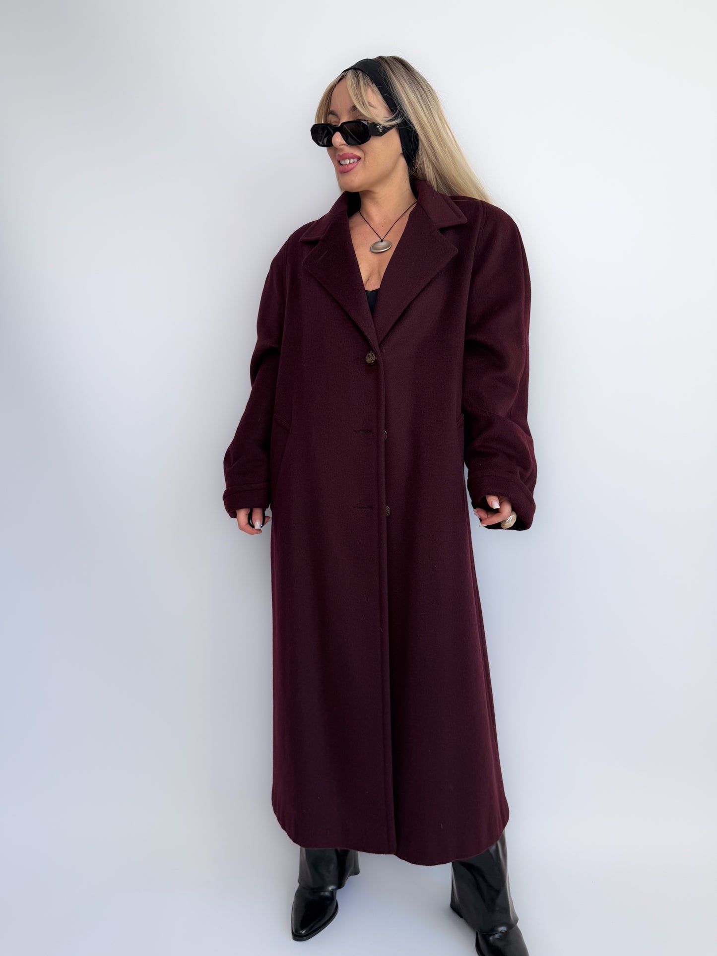 Vintage Plum Burgundy Wool Blend Maxi Coat Winter Trench M