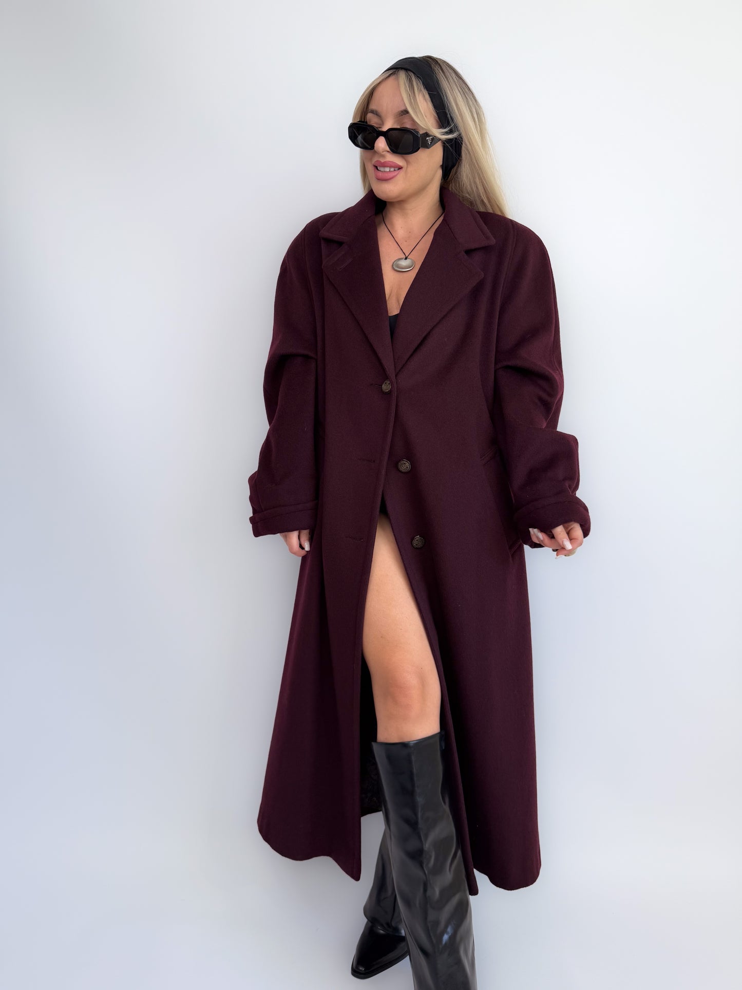 Vintage Plum Burgundy Wool Blend Maxi Coat Winter Trench M