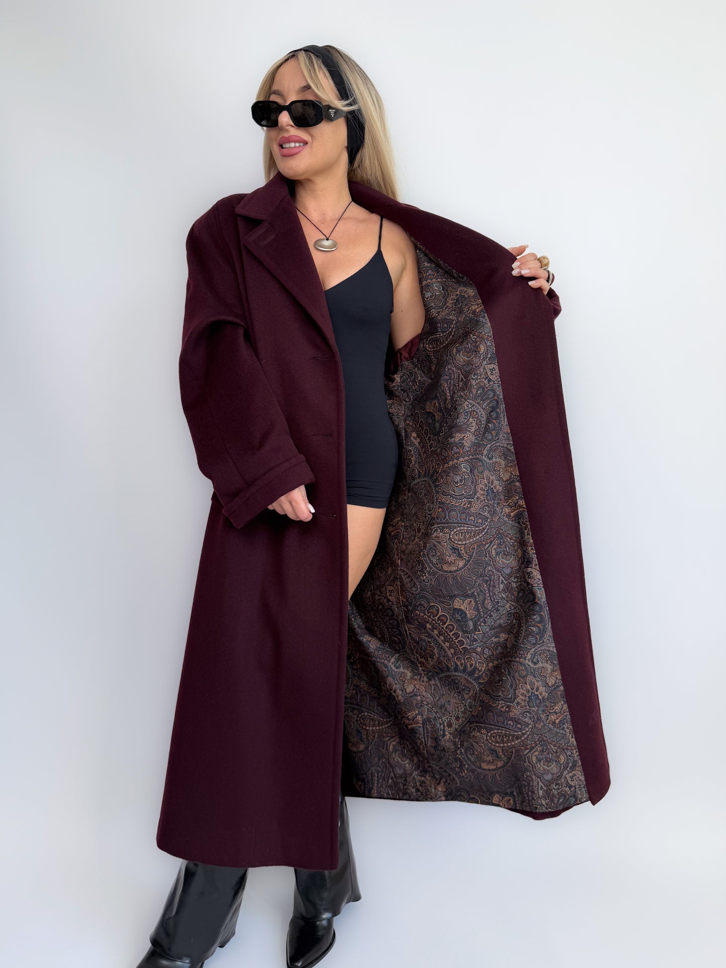 Vintage Plum Burgundy Wool Blend Maxi Coat Winter Trench M