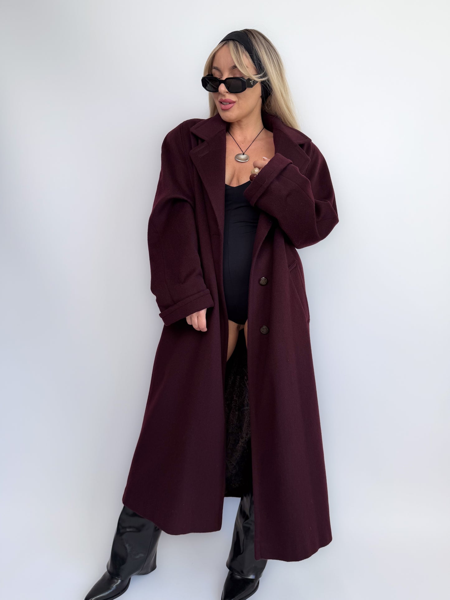 Vintage Plum Burgundy Wool Blend Maxi Coat Winter Trench M