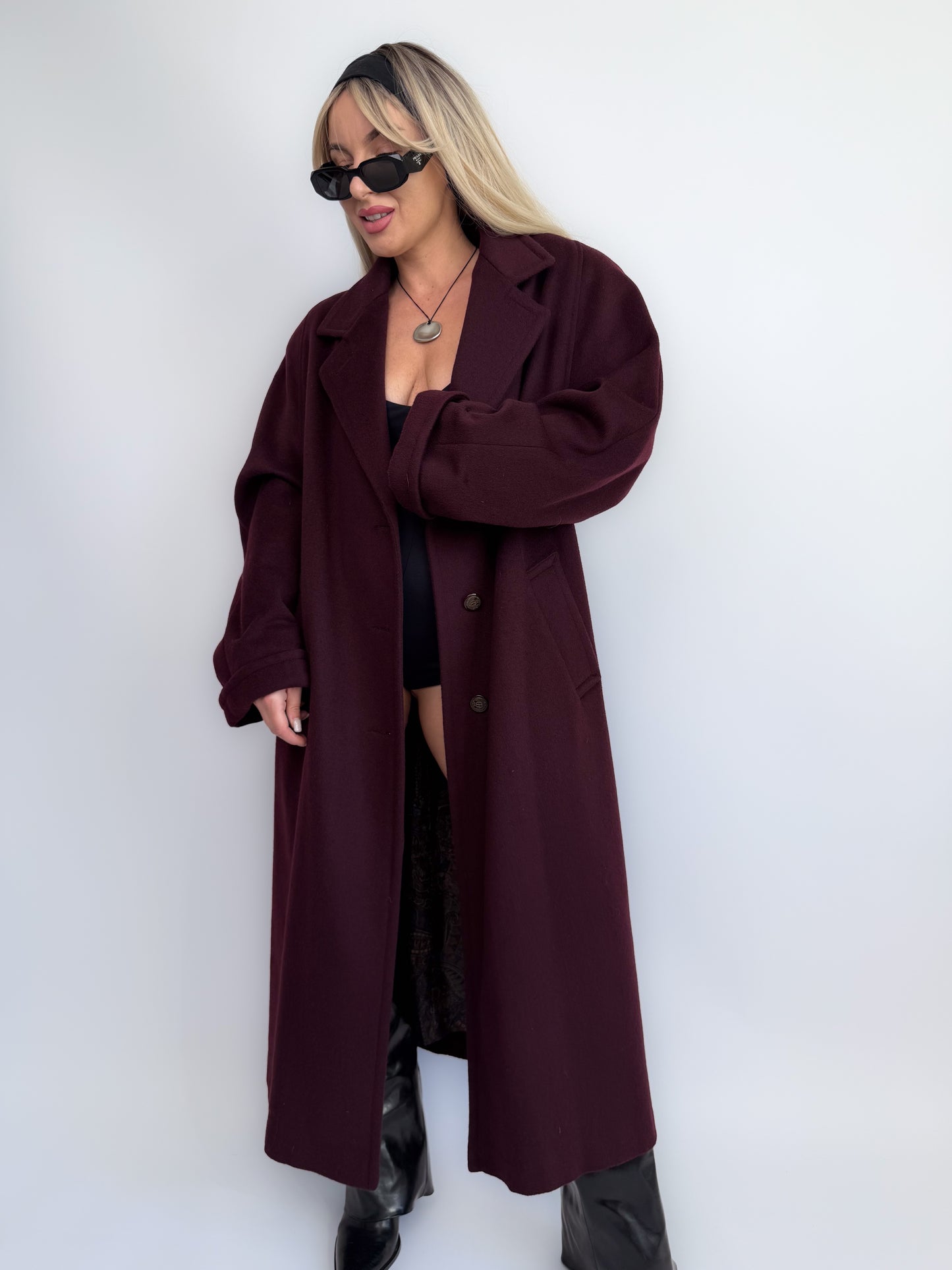 Vintage Plum Burgundy Wool Blend Maxi Coat Winter Trench M
