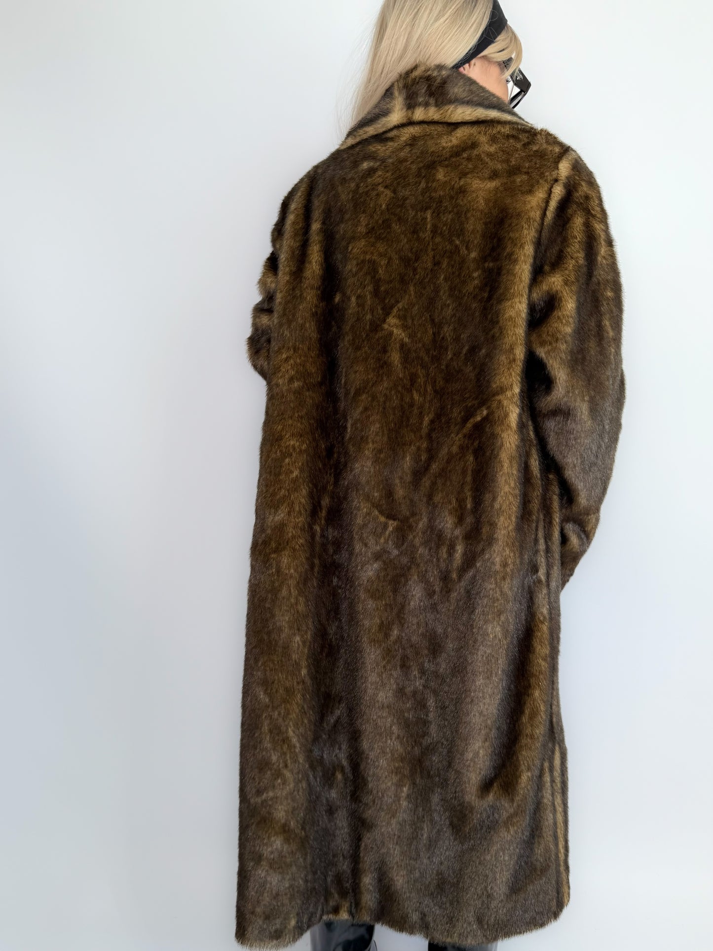 Vintage Brown Faux Mink Full Length Fur Coat - L
