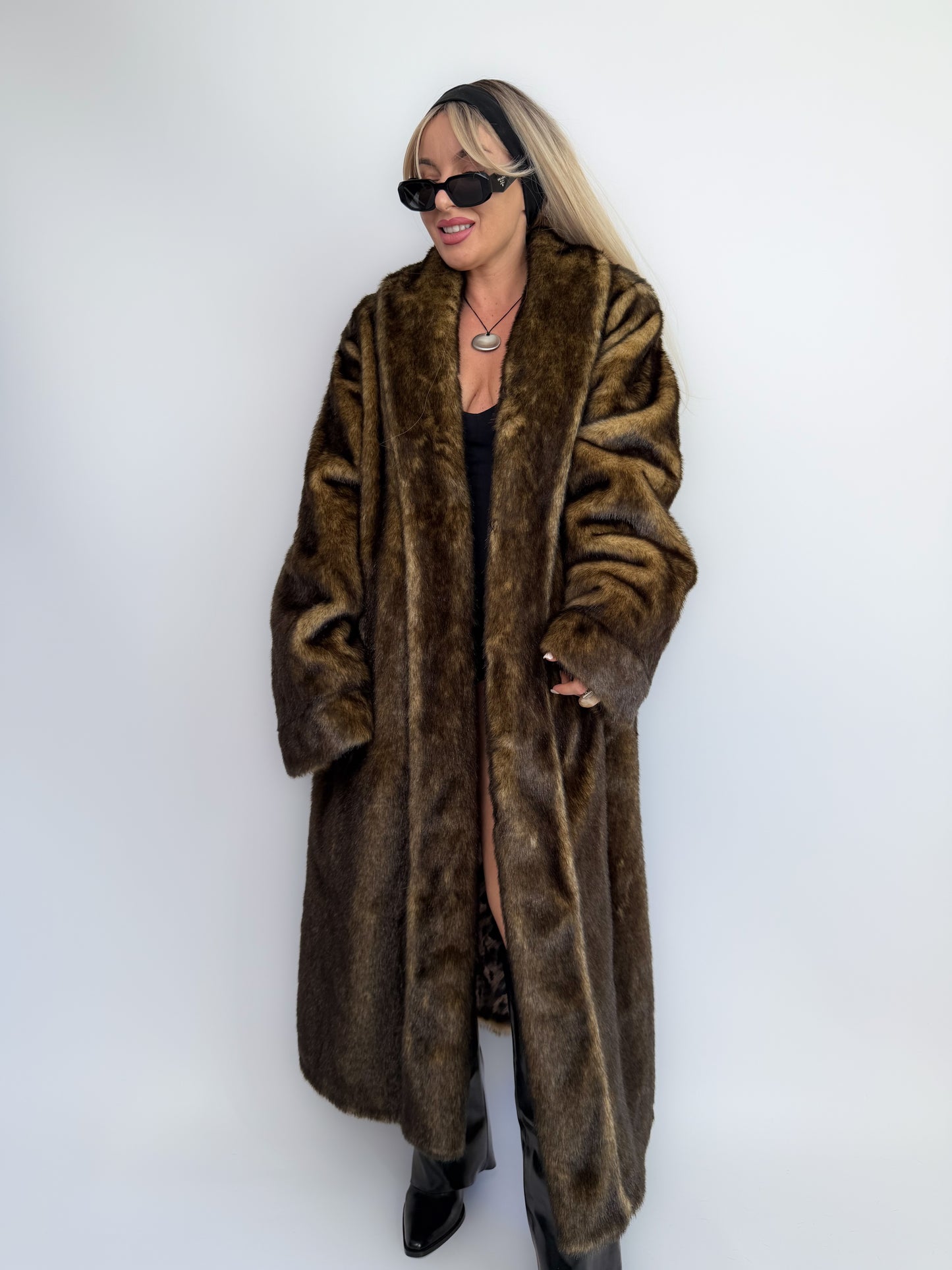 Vintage Brown Faux Mink Full Length Fur Coat - L