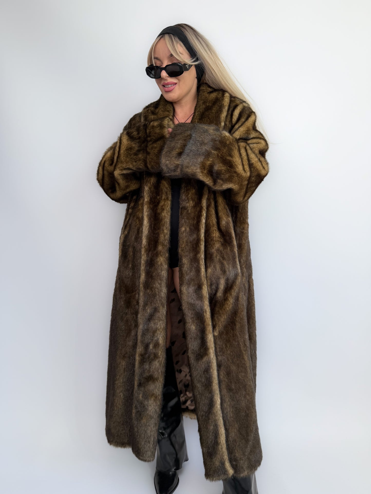 Vintage Brown Faux Mink Full Length Fur Coat - L