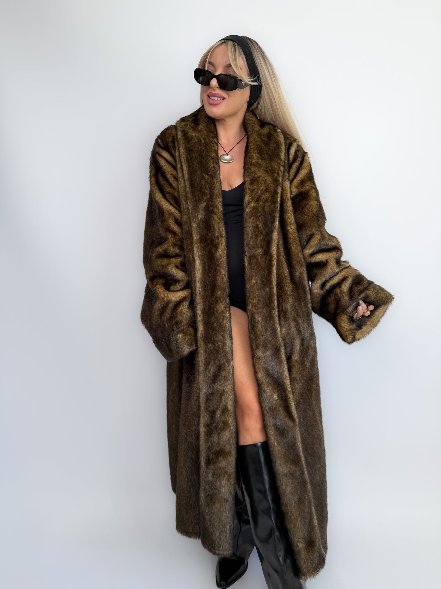 Vintage Brown Faux Mink Full Length Fur Coat - L