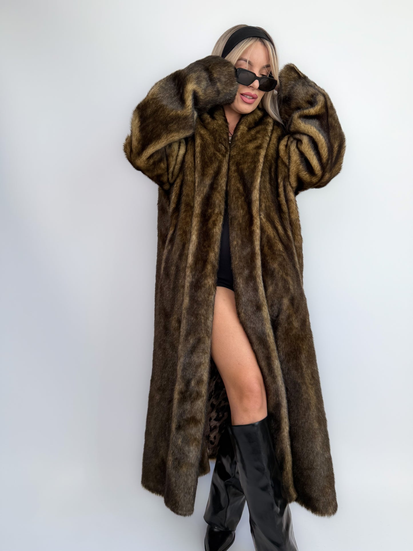 Vintage Brown Faux Mink Full Length Fur Coat - L
