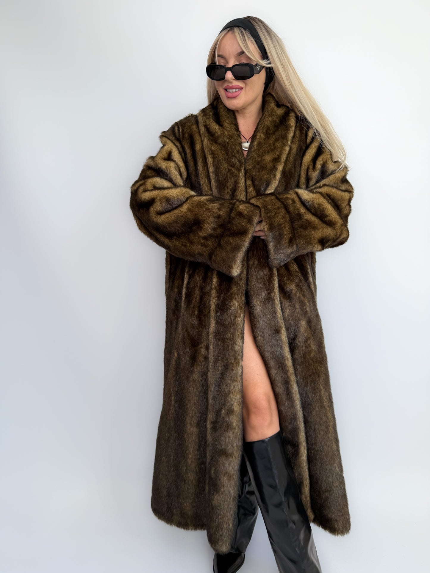 Vintage Brown Faux Mink Full Length Fur Coat - L