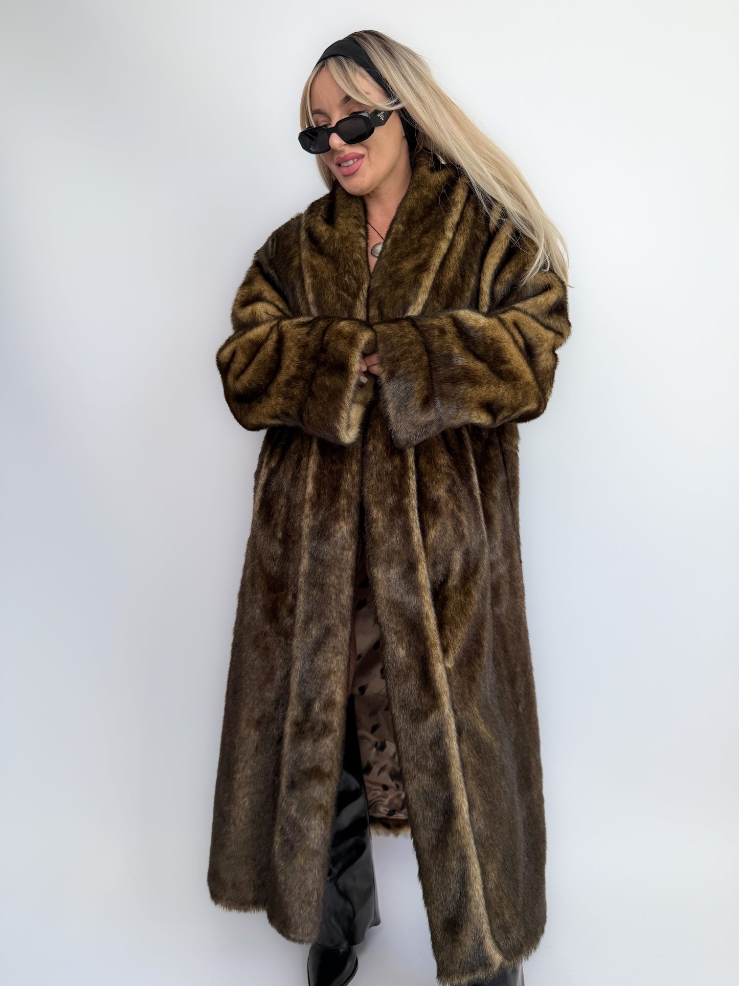 Vintage Brown Faux Mink Full Length Fur Coat - L