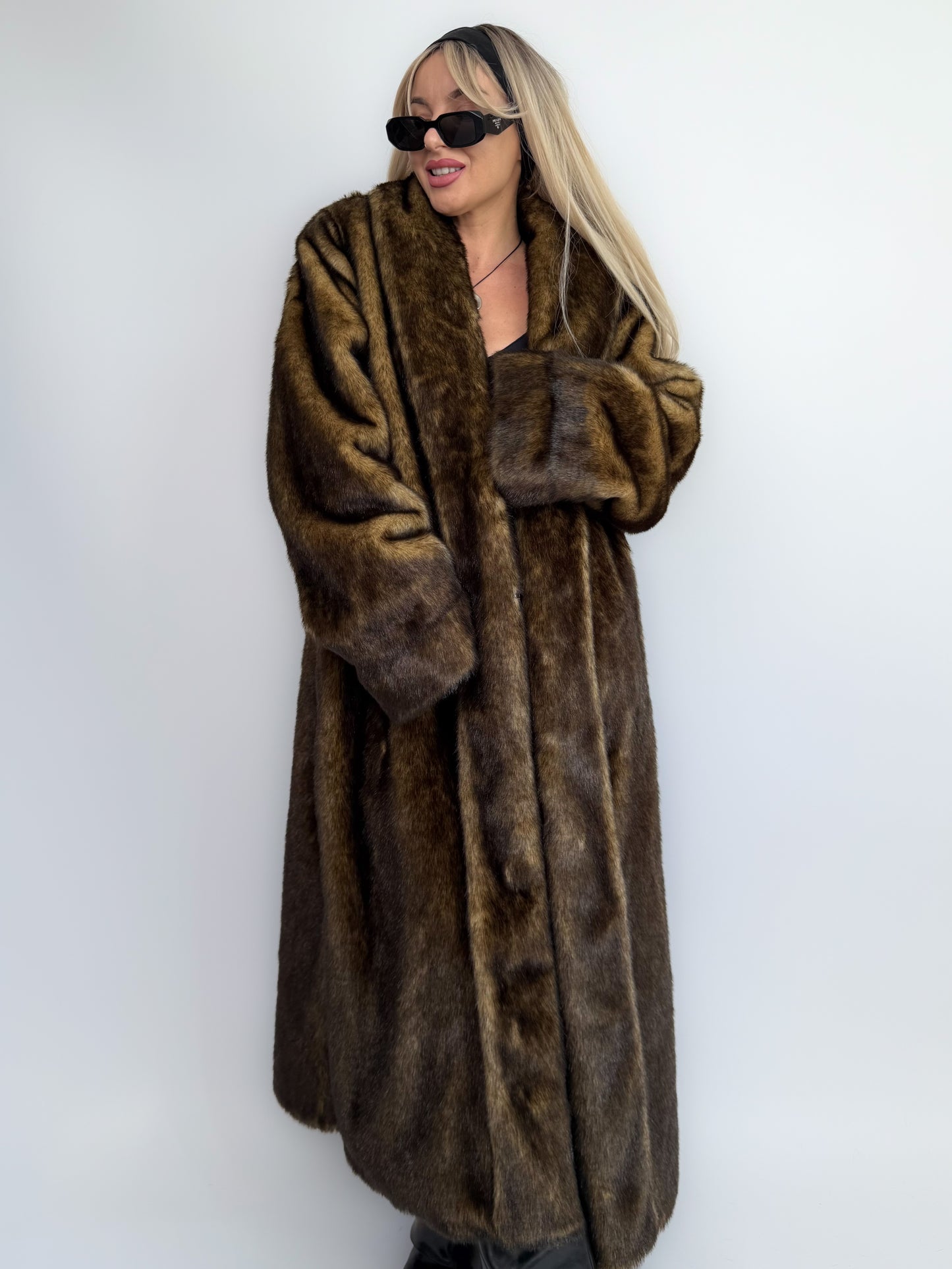 Vintage Brown Faux Mink Full Length Fur Coat - L