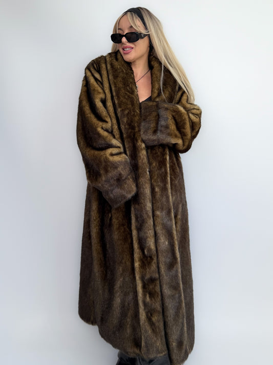Vintage Brown Faux Mink Full Length Fur Coat - L