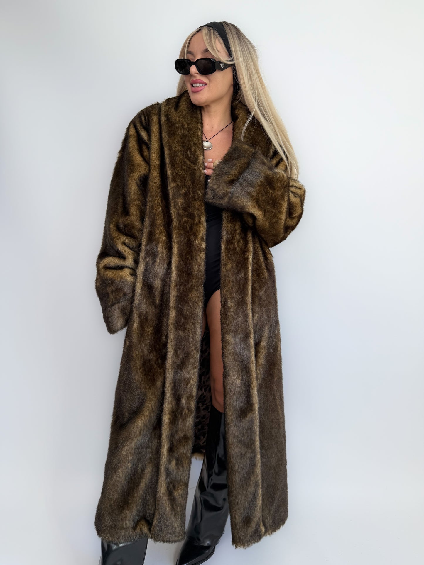 Vintage Brown Faux Mink Full Length Fur Coat - L
