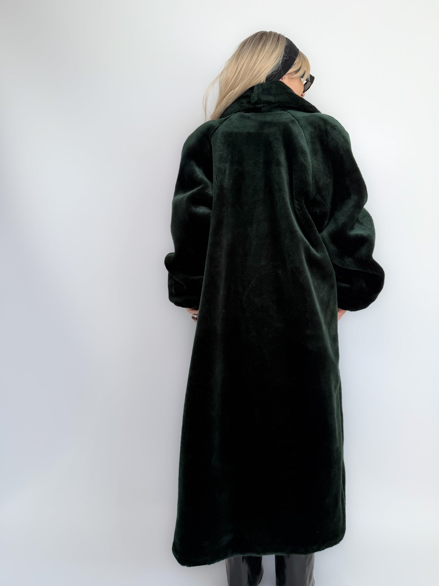Bottle Green Velvet Faux Fur Full Length Vintage Coat M-L