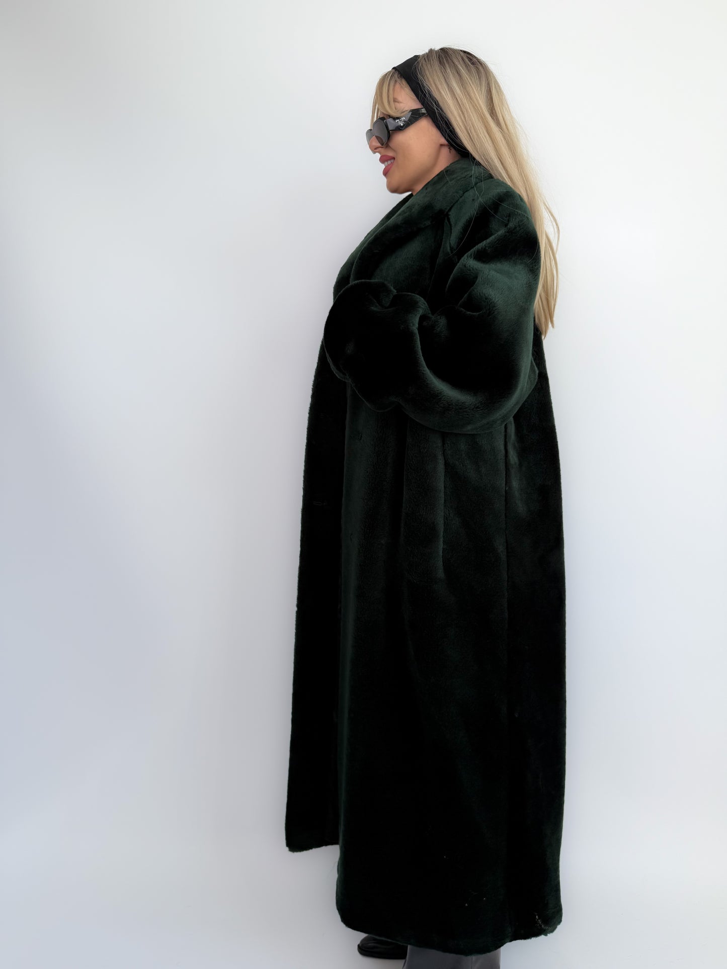 Bottle Green Velvet Faux Fur Full Length Vintage Coat M-L