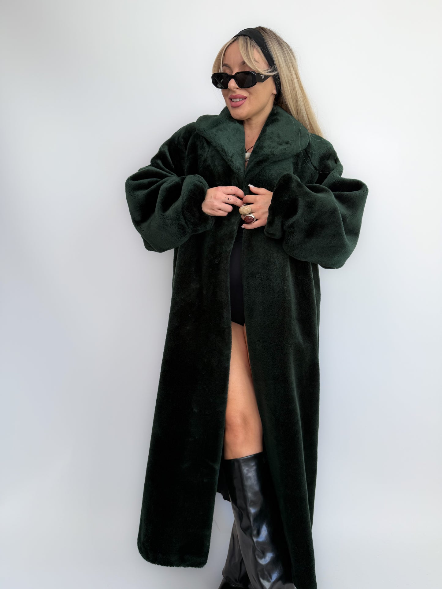Bottle Green Velvet Faux Fur Full Length Vintage Coat M-L