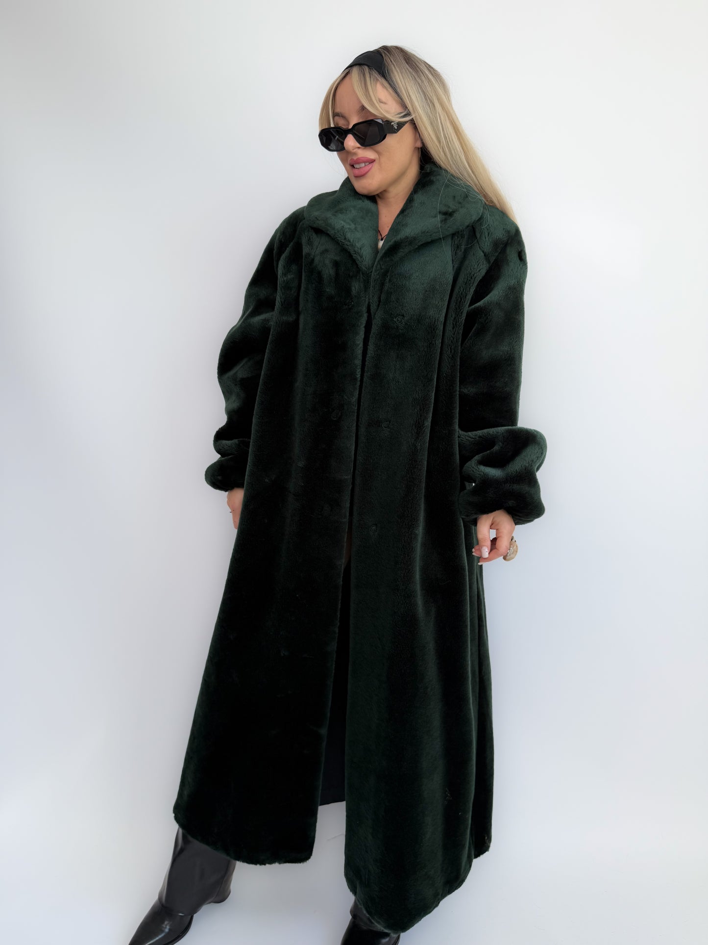 Bottle Green Velvet Faux Fur Full Length Vintage Coat M-L