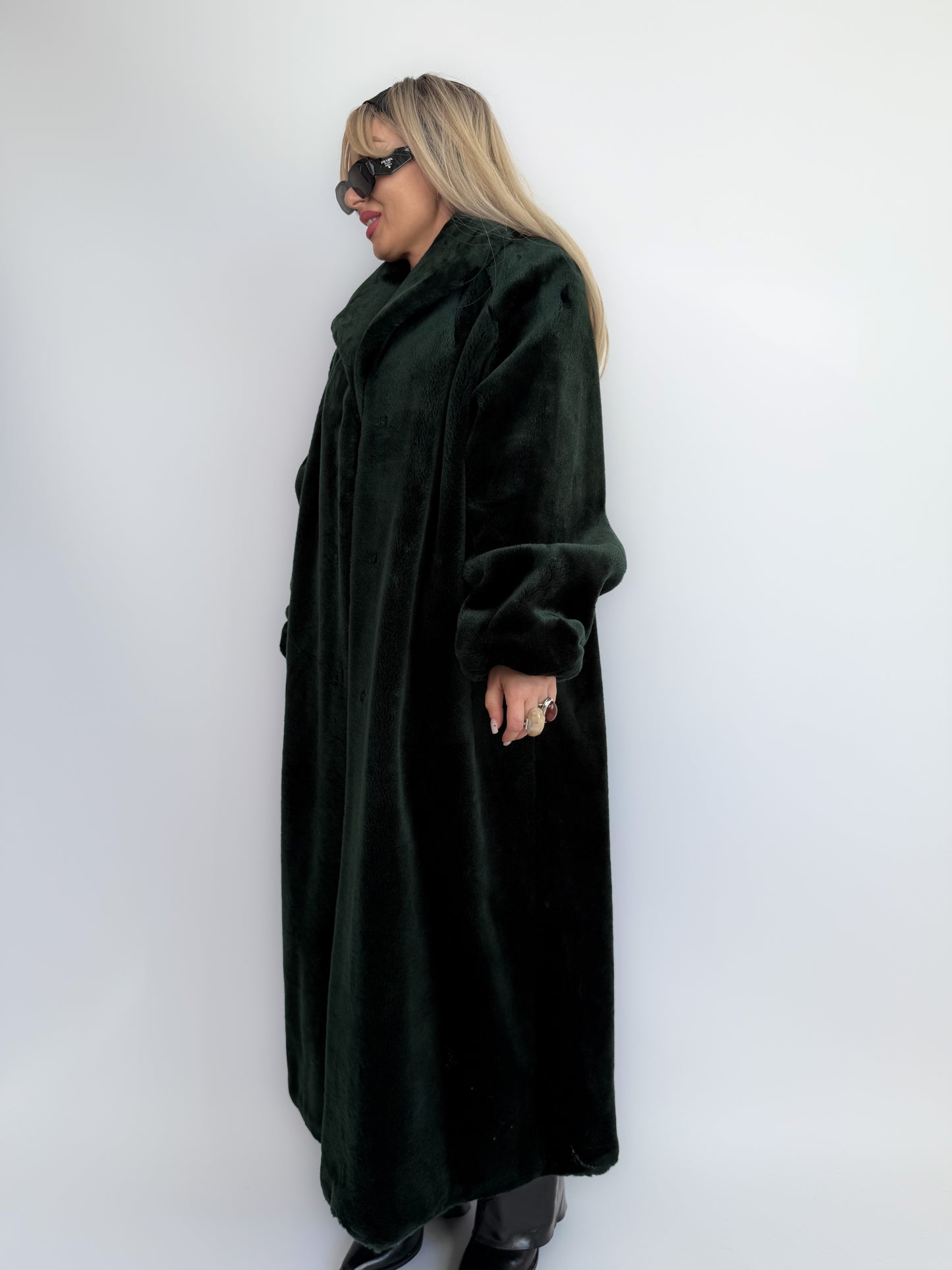 Bottle Green Velvet Faux Fur Full Length Vintage Coat M-L