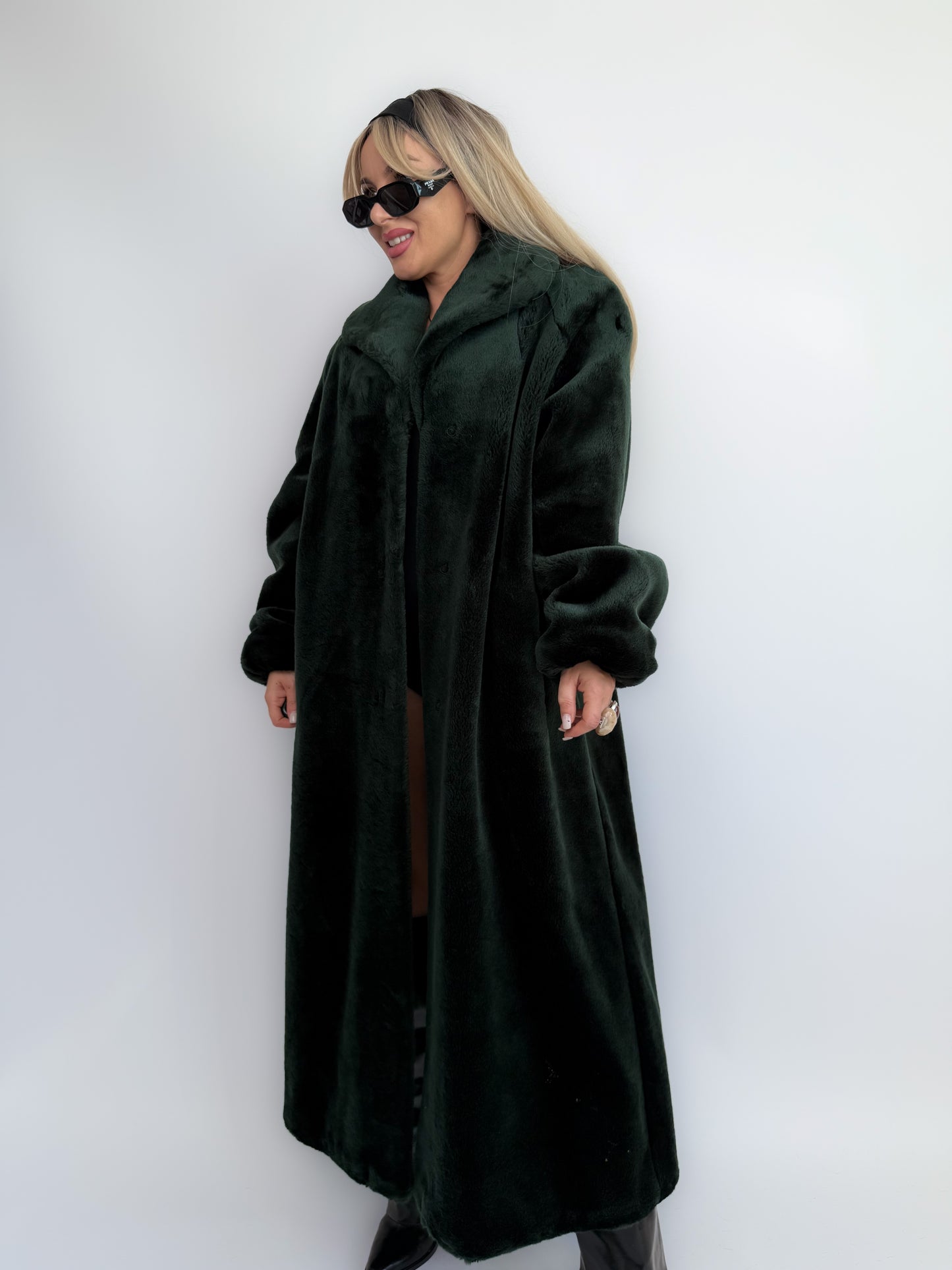 Bottle Green Velvet Faux Fur Full Length Vintage Coat M-L