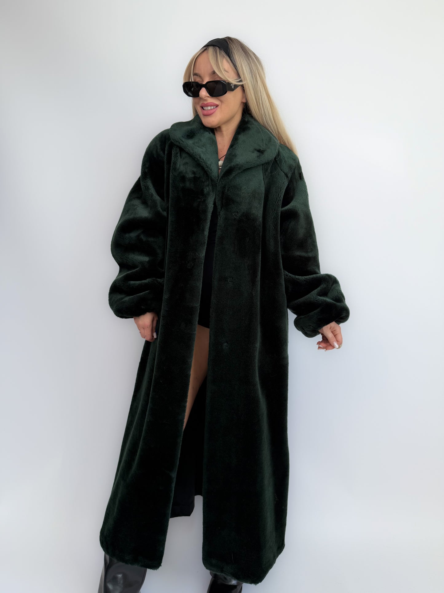 Bottle Green Velvet Faux Fur Full Length Vintage Coat M-L