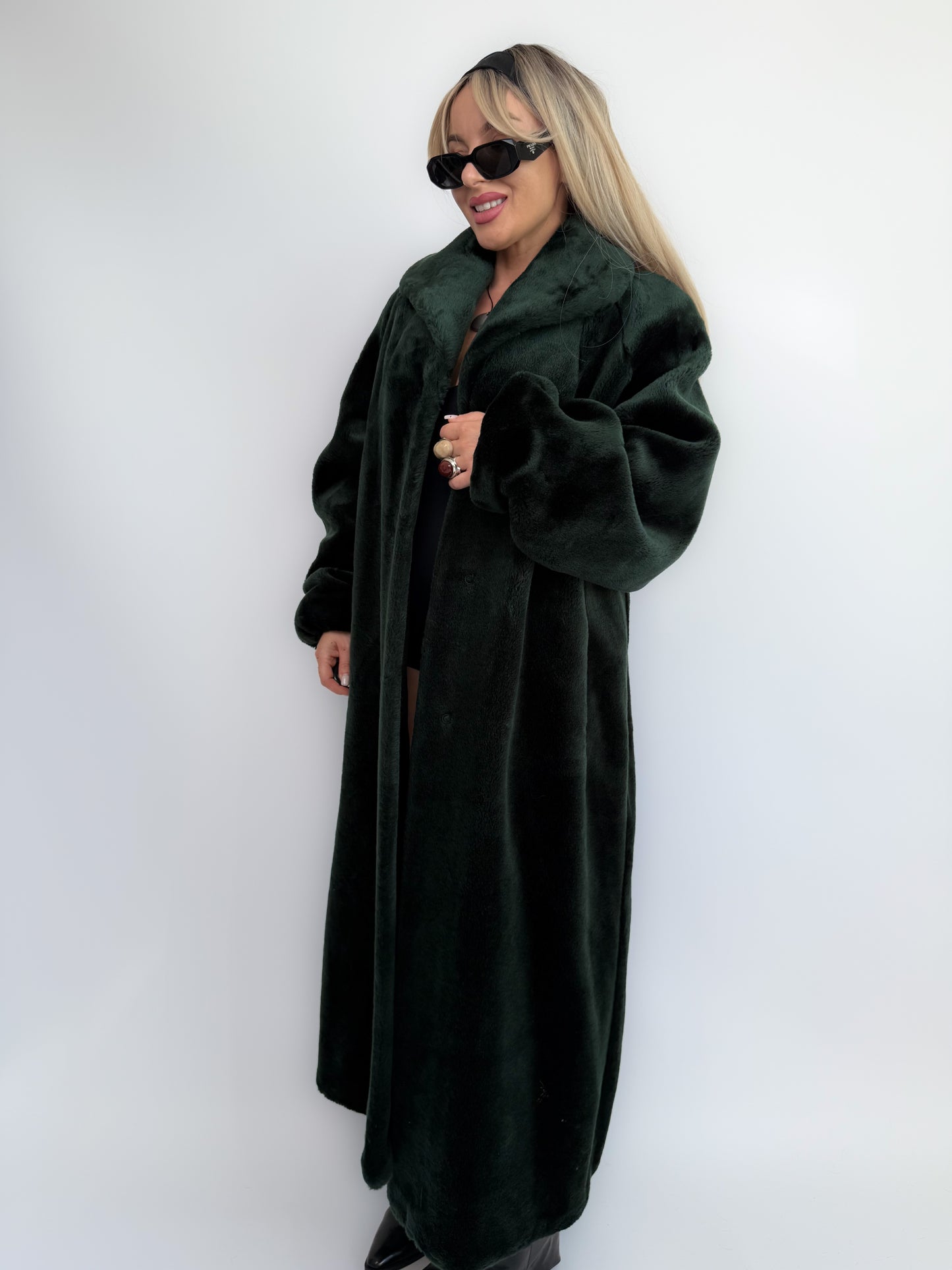 Bottle Green Velvet Faux Fur Full Length Vintage Coat M-L