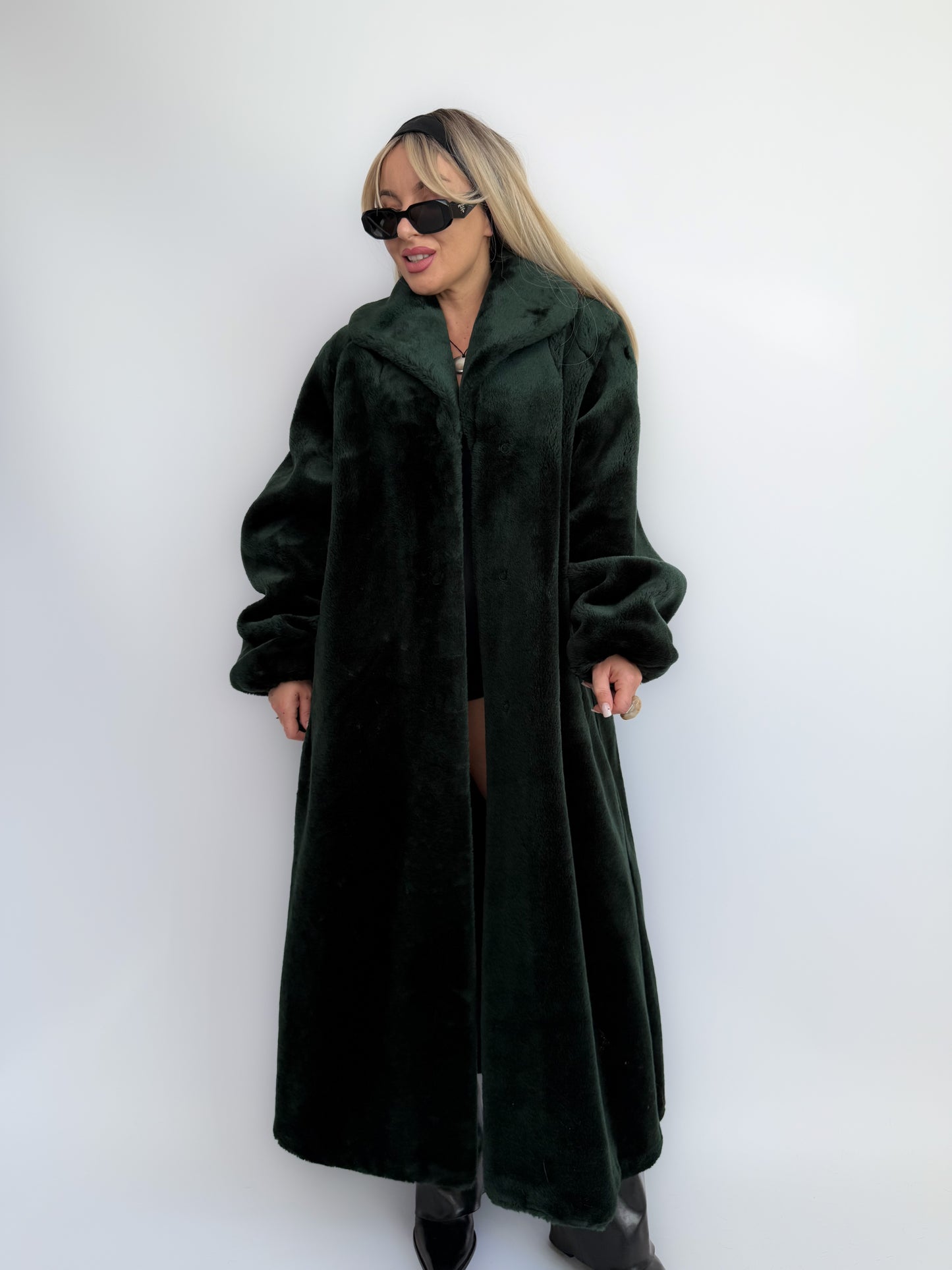 Bottle Green Velvet Faux Fur Full Length Vintage Coat M-L