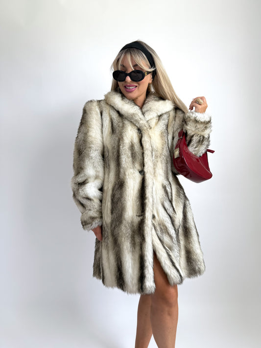 Vintage Faux Fox Fur Coat Mid Length Winter Jacket S-M