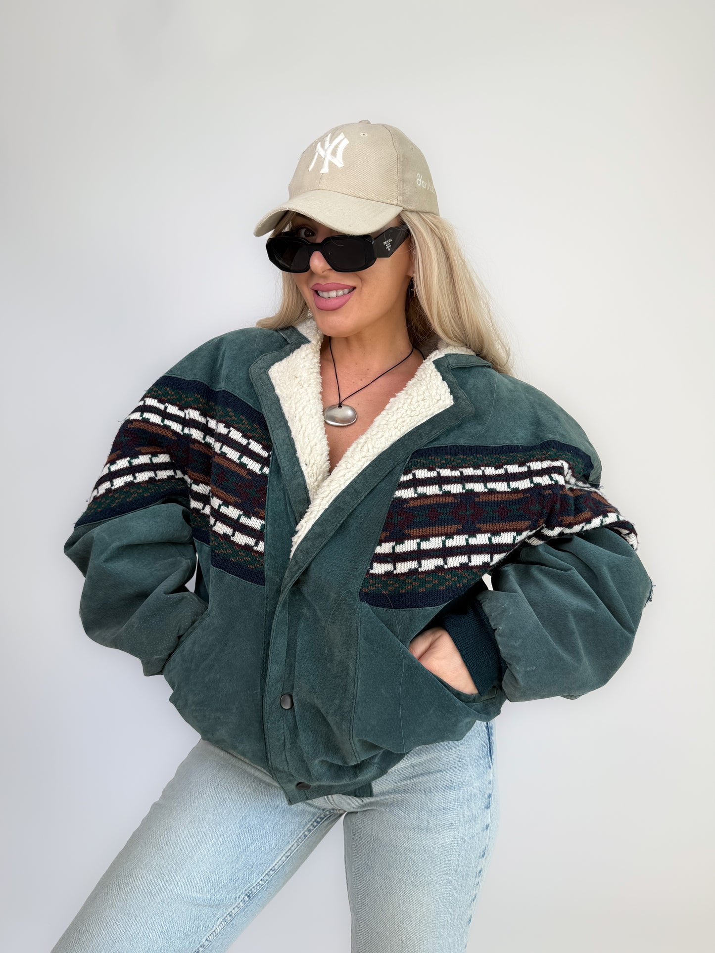 Vintage 80s Suede Bomber Jacket with Tribal Knit & Sherpa Lining M-L