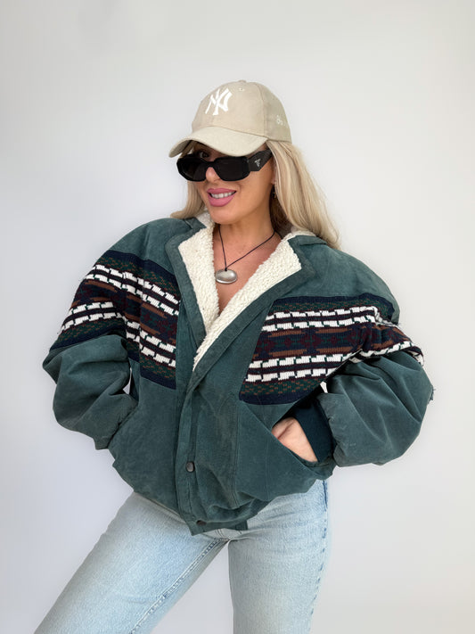 Vintage 80s Suede Bomber Jacket with Tribal Knit & Sherpa Lining M-L