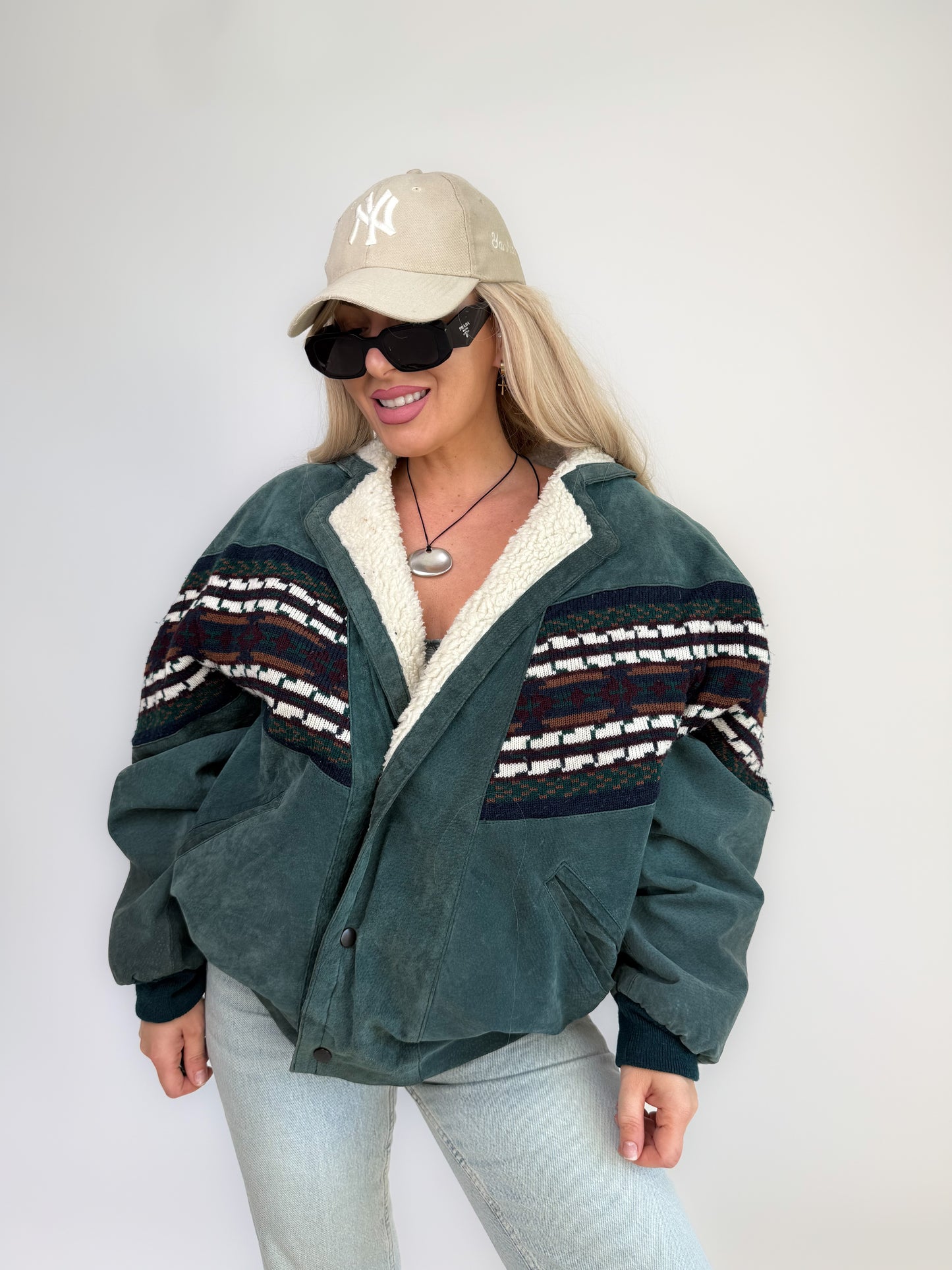Vintage 80s Suede Bomber Jacket with Tribal Knit & Sherpa Lining M-L