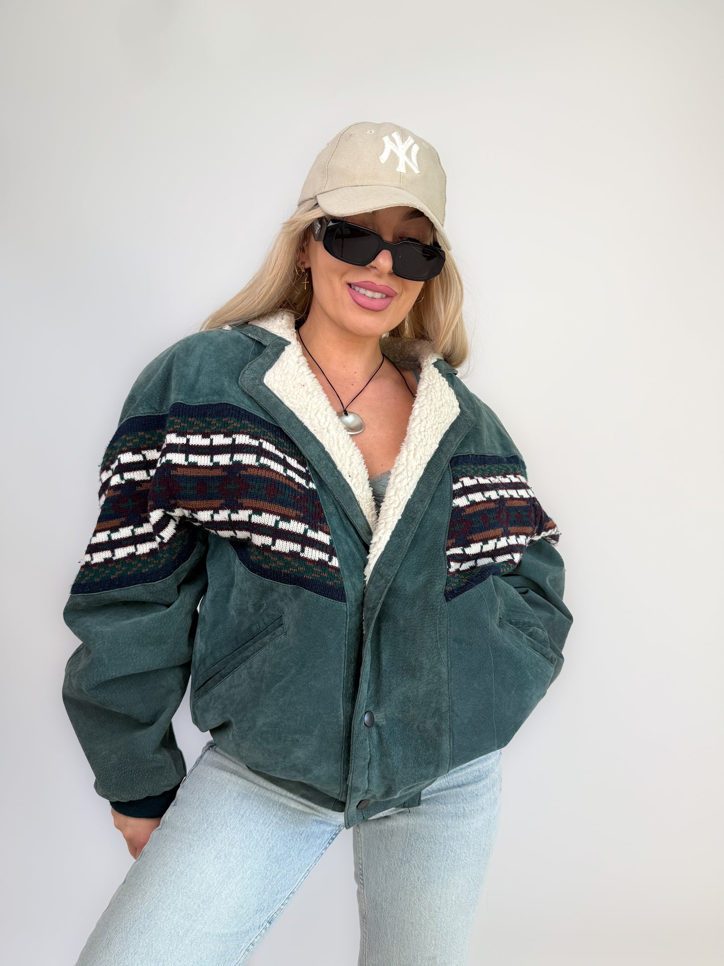 Vintage 80s Suede Bomber Jacket with Tribal Knit & Sherpa Lining M-L