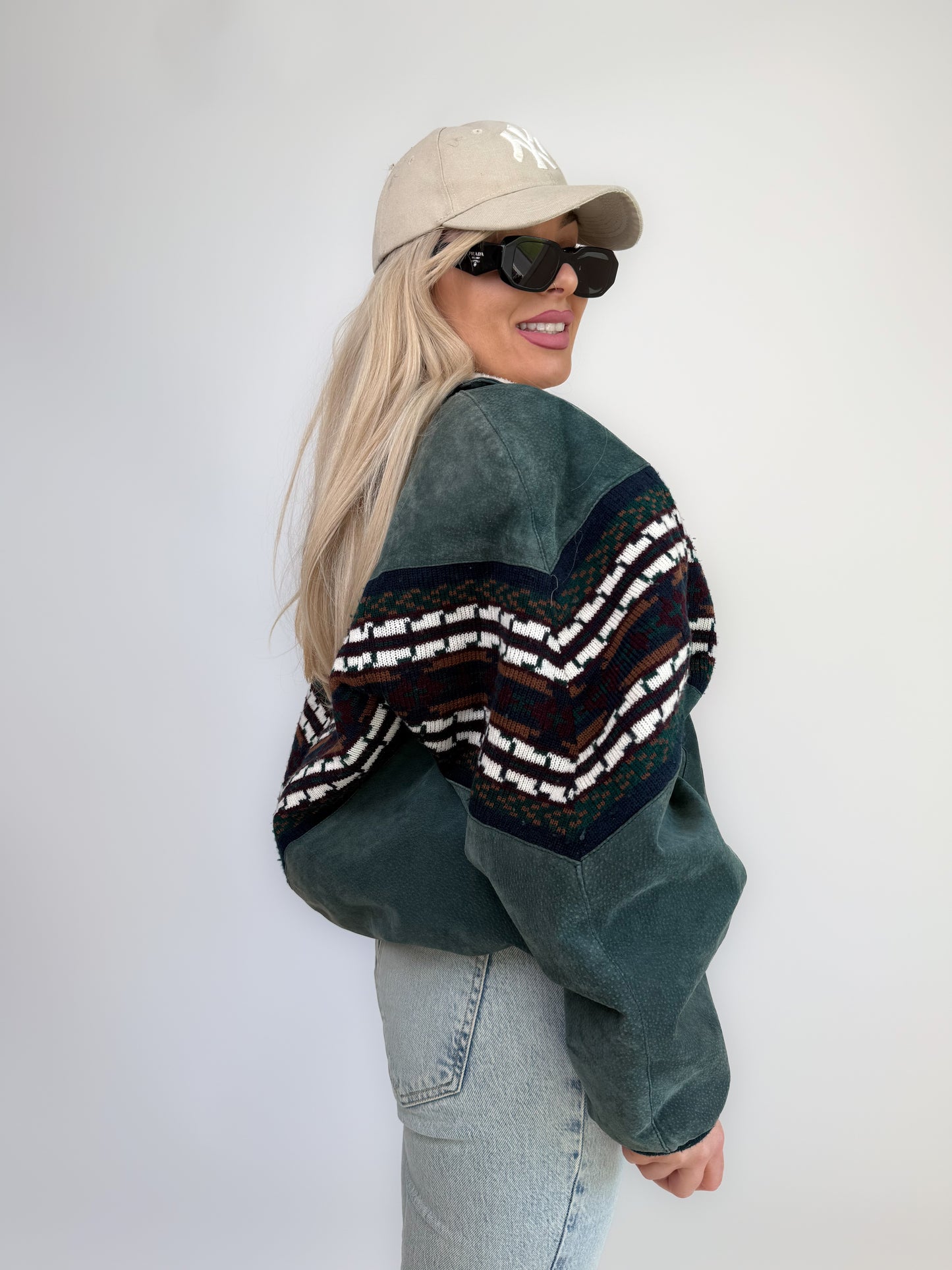 Vintage 80s Suede Bomber Jacket with Tribal Knit & Sherpa Lining M-L
