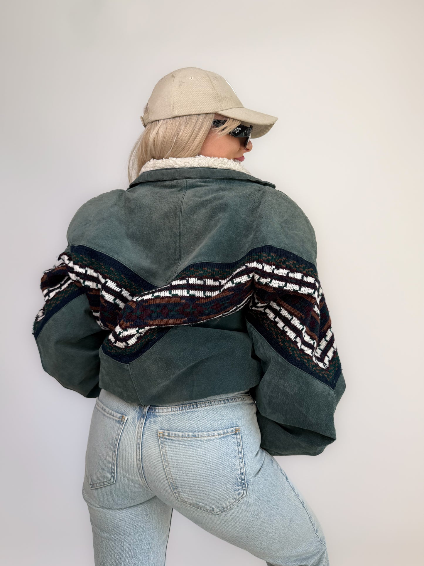 Vintage 80s Suede Bomber Jacket with Tribal Knit & Sherpa Lining M-L