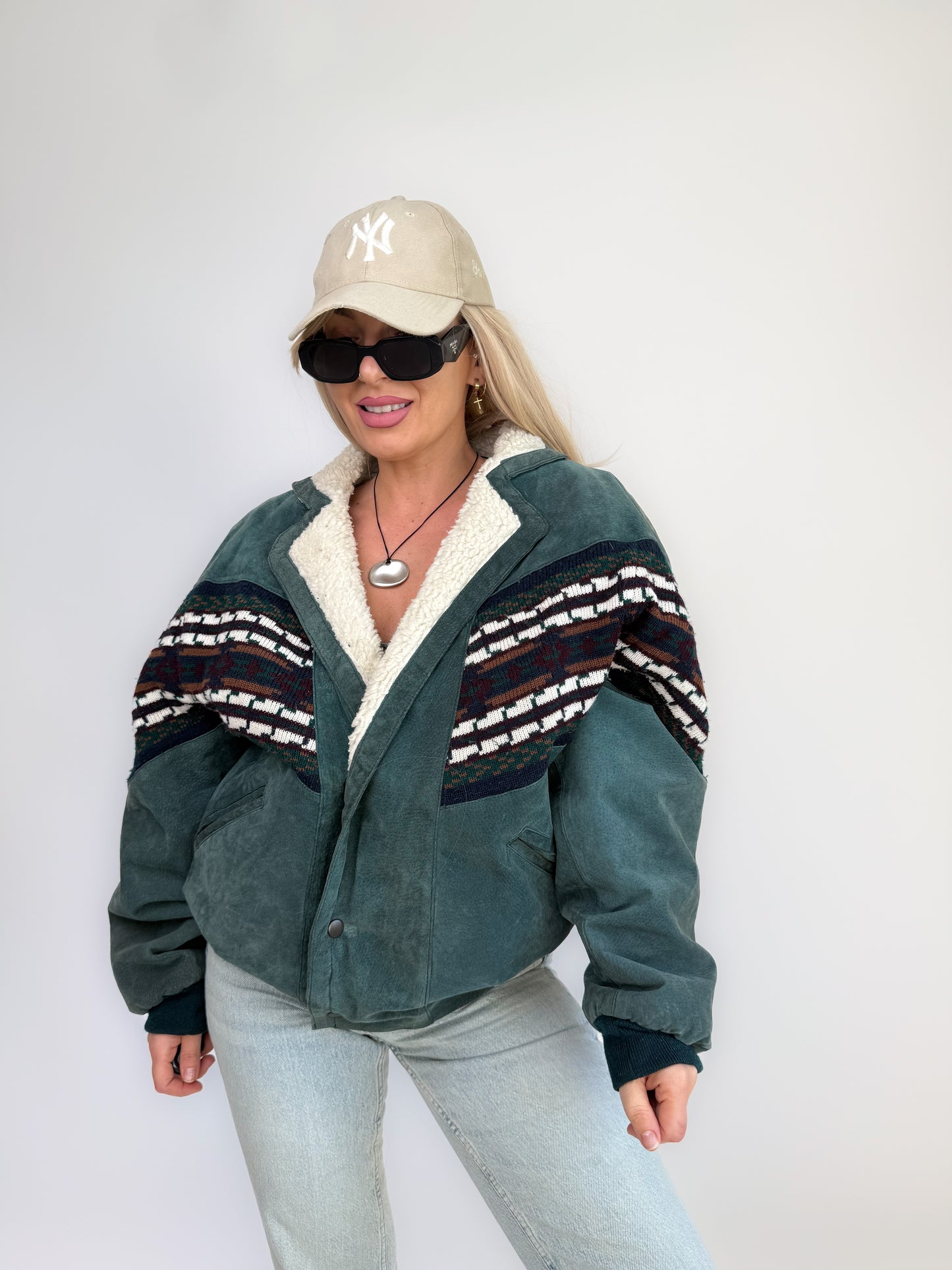 Vintage 80s Suede Bomber Jacket with Tribal Knit & Sherpa Lining M-L