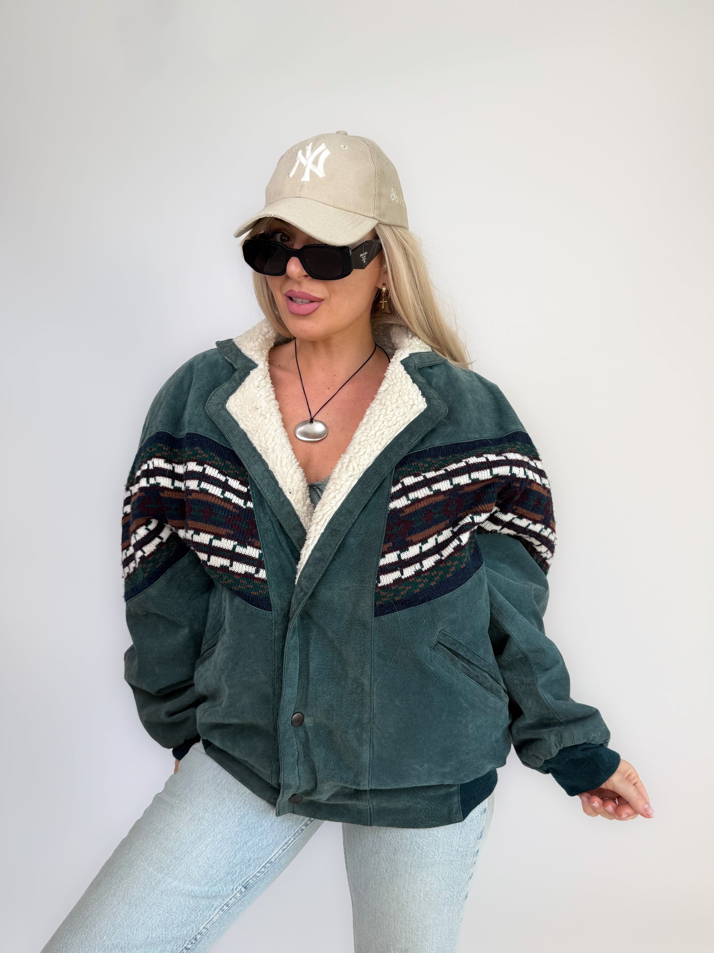 Vintage 80s Suede Bomber Jacket with Tribal Knit & Sherpa Lining M-L