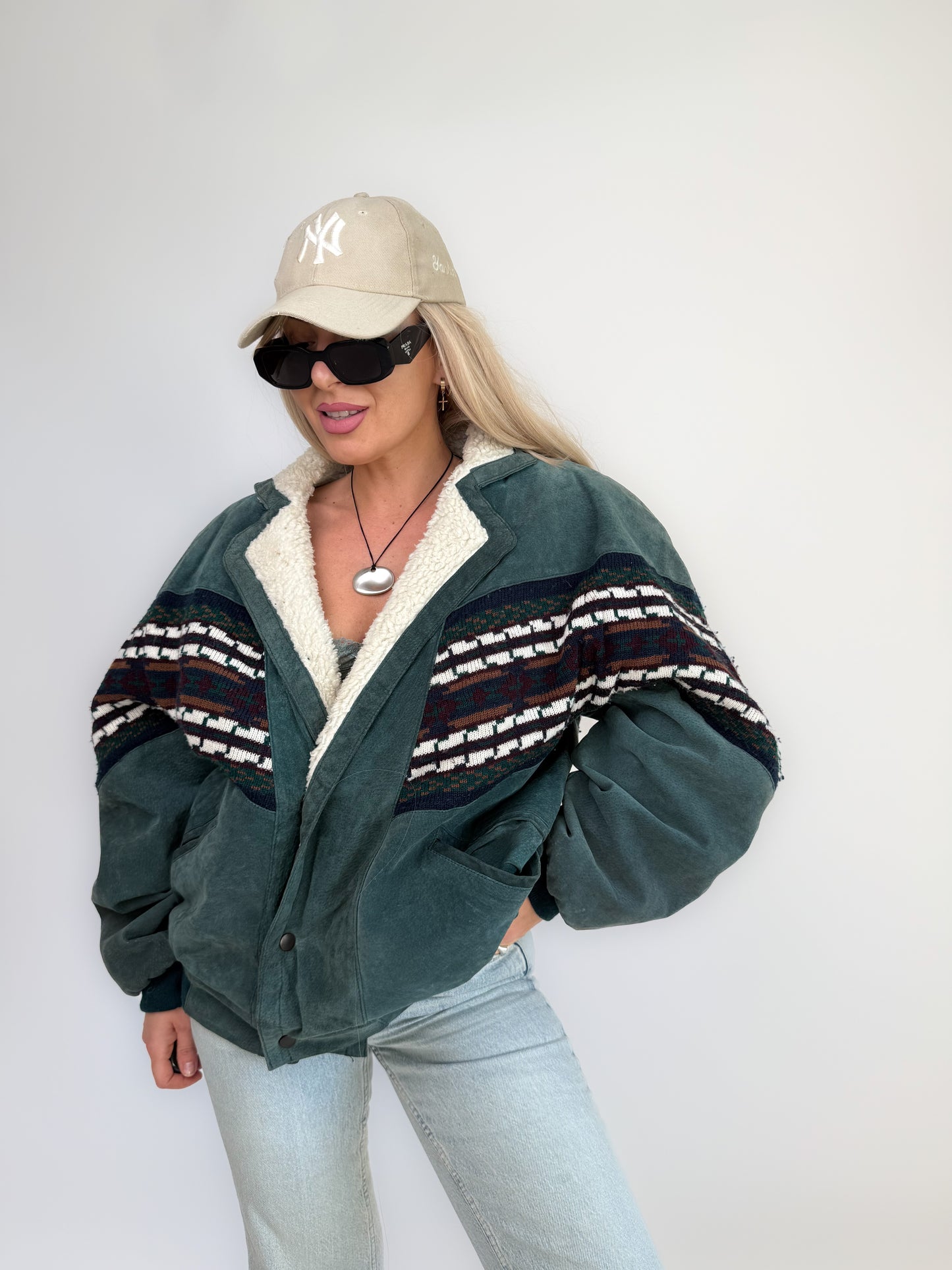 Vintage 80s Suede Bomber Jacket with Tribal Knit & Sherpa Lining M-L
