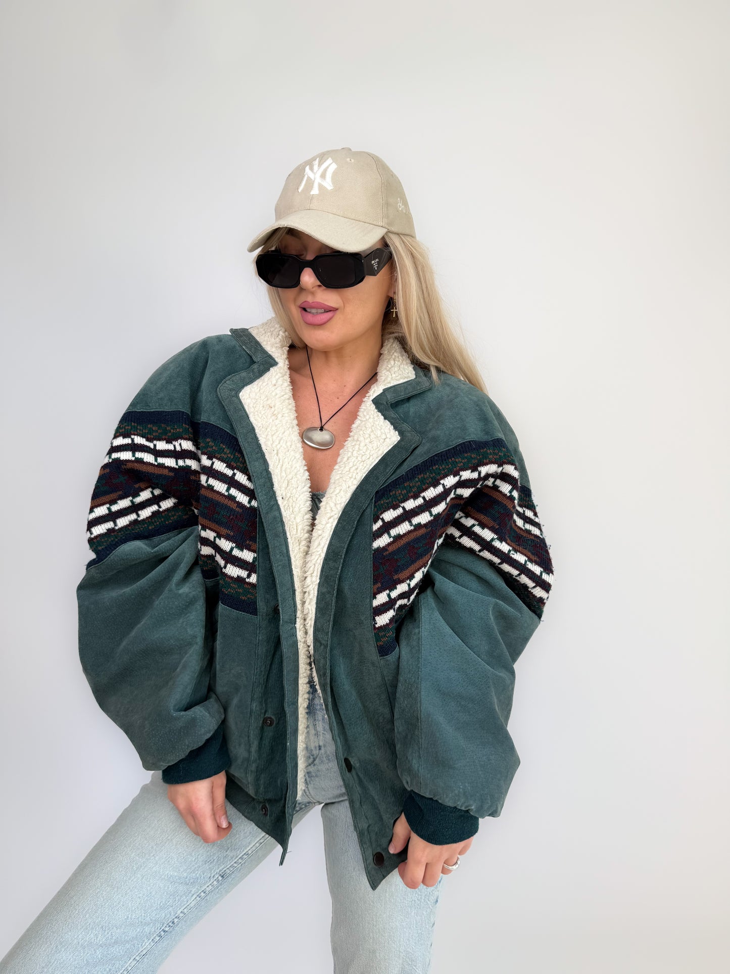 Vintage 80s Suede Bomber Jacket with Tribal Knit & Sherpa Lining M-L
