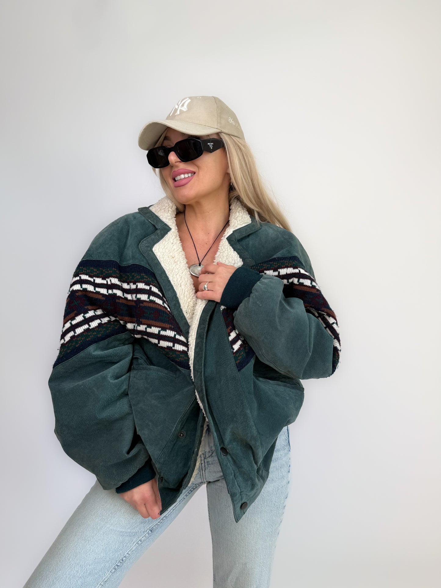 Vintage 80s Suede Bomber Jacket with Tribal Knit & Sherpa Lining M-L