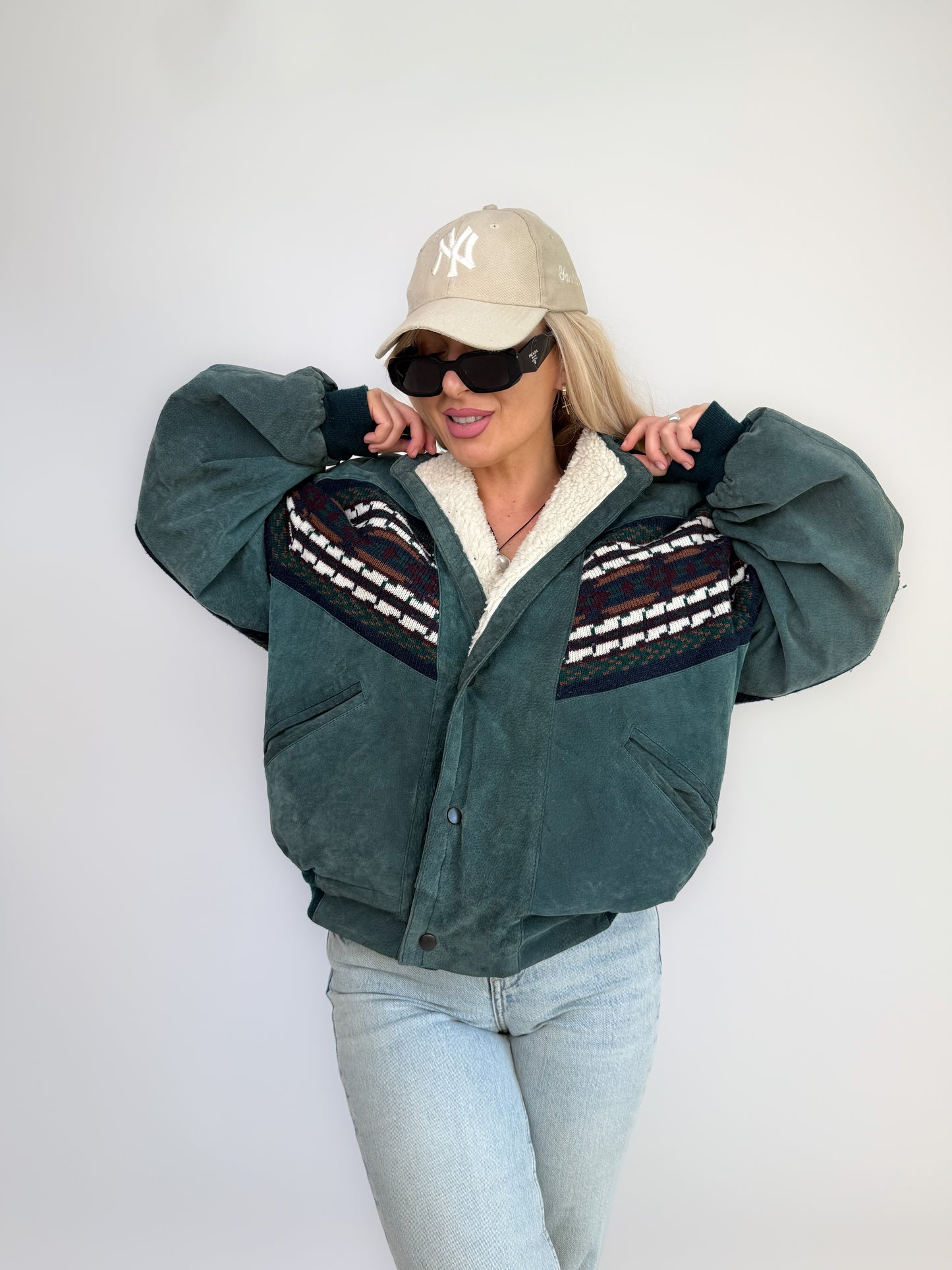 Vintage 80s Suede Bomber Jacket with Tribal Knit & Sherpa Lining M-L
